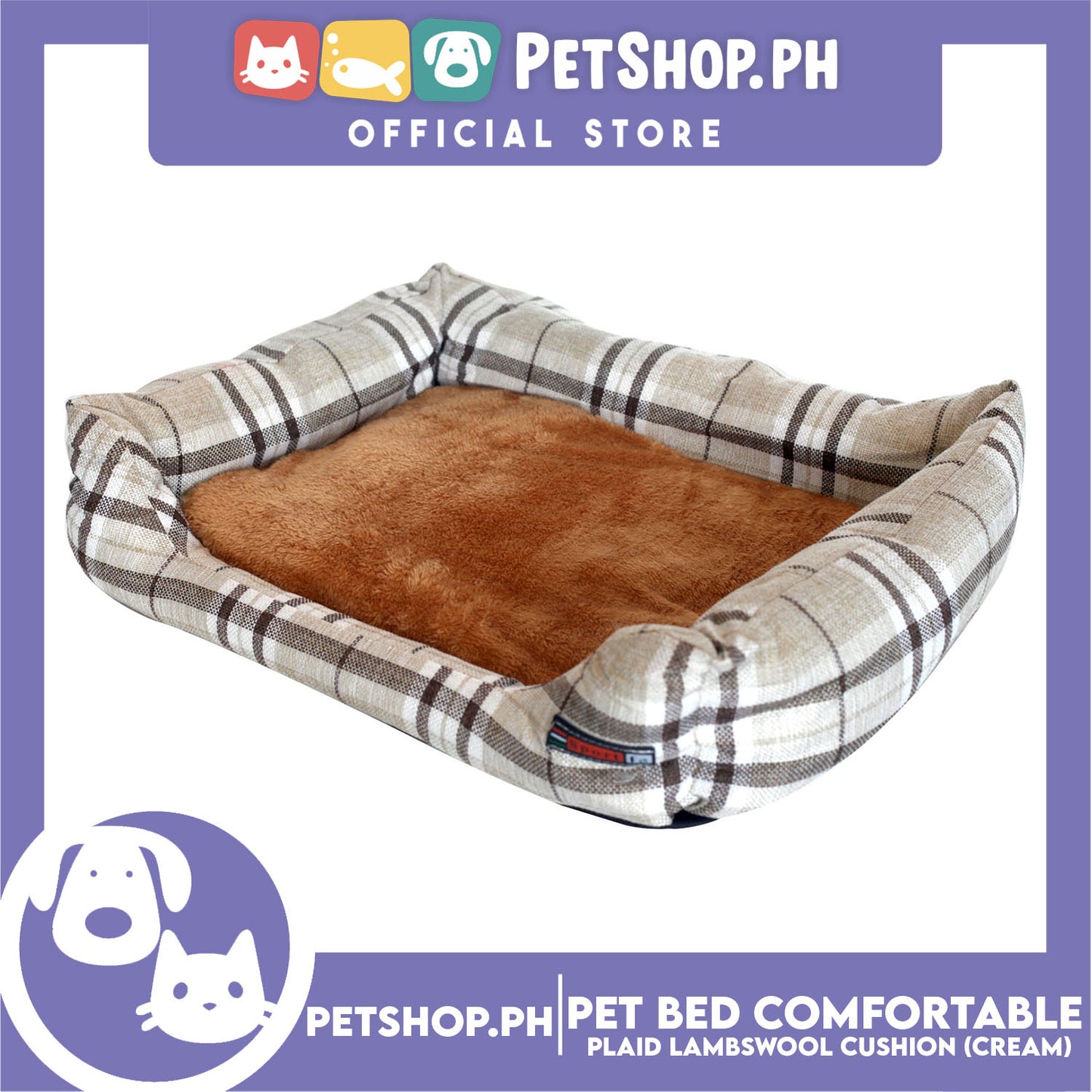Pet Bed Comfortable Sleeping Bed Plaid Cotton Design with Lambswool Cushion 70x53x11cm Large (Cream)