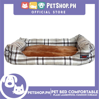 Pet Bed Comfortable Sleeping Bed Plaid Cotton Design with Lambswool Cushion 70x53x11cm Large (Cream)