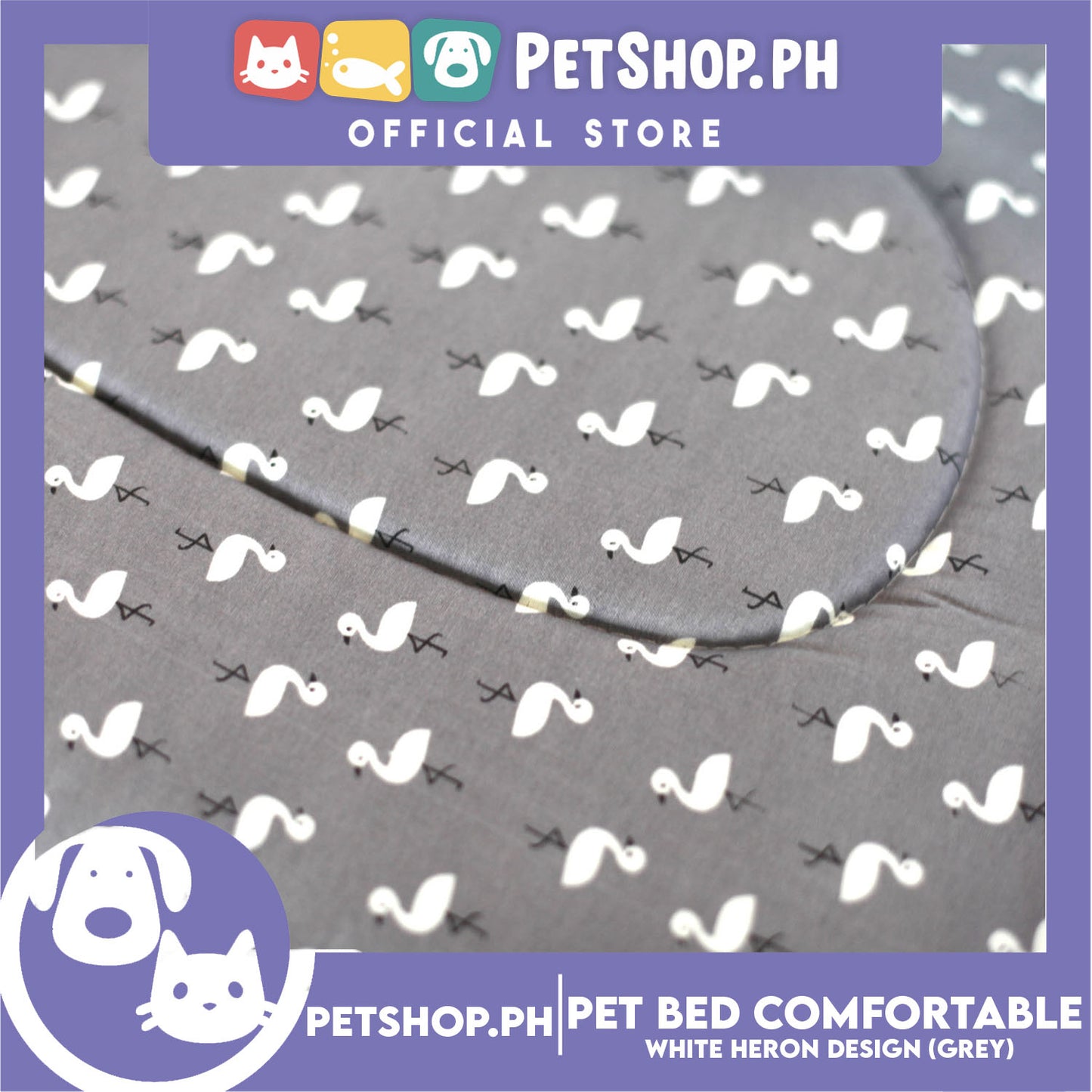 Pet Bed Comfortable Sleeping Bed with White Heron Design 62x50x15cm for Dogs & Cats Grey