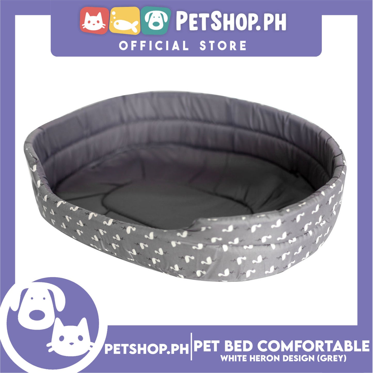 Pet Bed Comfortable Sleeping Bed with White Heron Design 58x45x14cm for Dogs & Cats Grey
