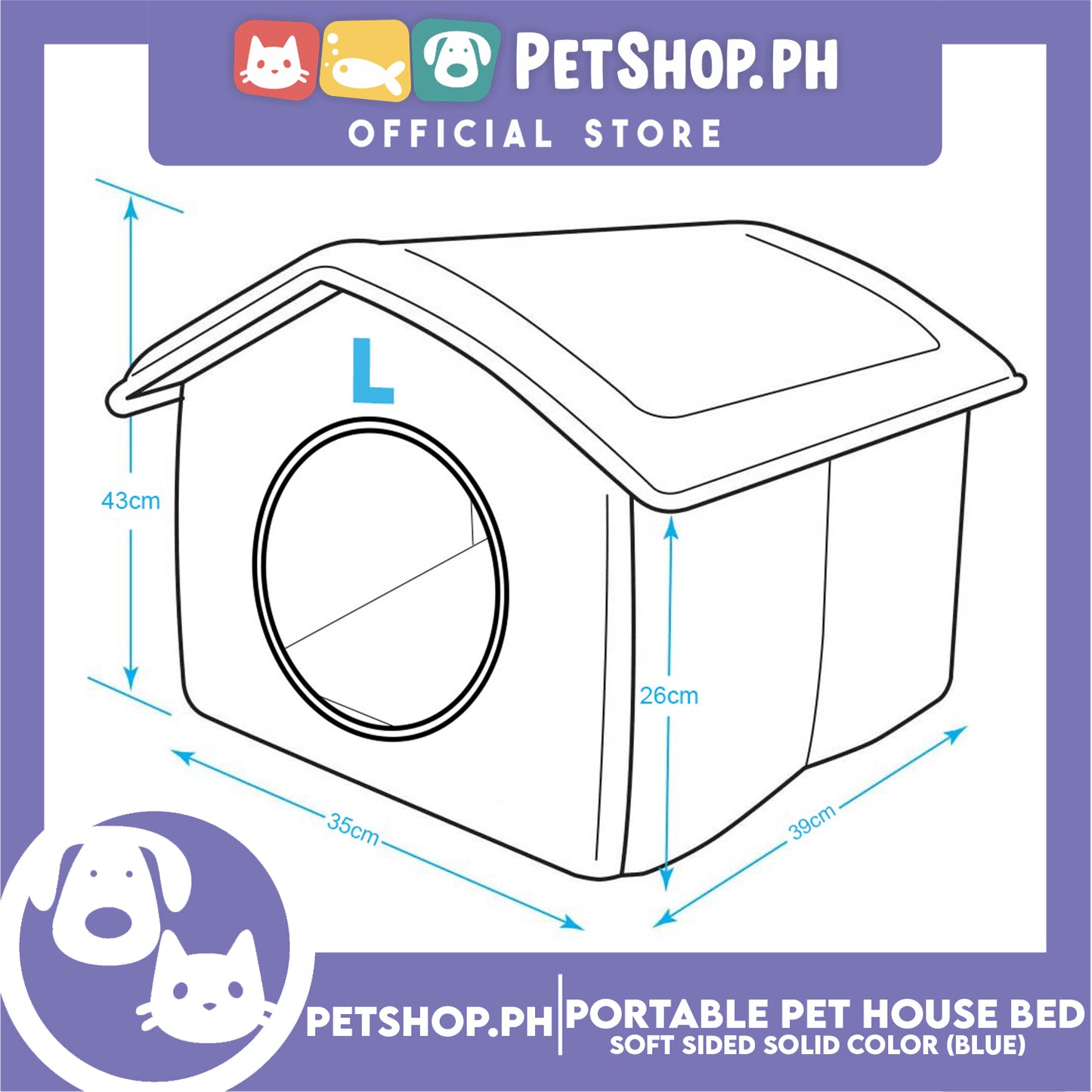 Portable Pet House Bed With Soft Sided Solid Color 35x39x43cm Large (Blue)