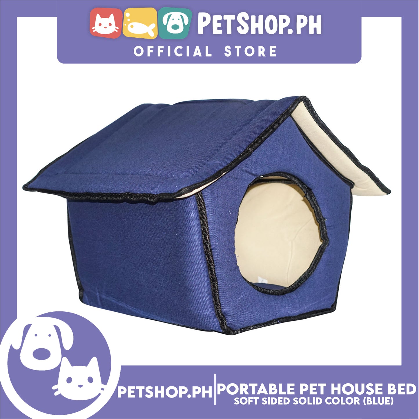 Portable Pet House Bed With Soft Sided Solid Color 35x39x43cm Large (Blue)
