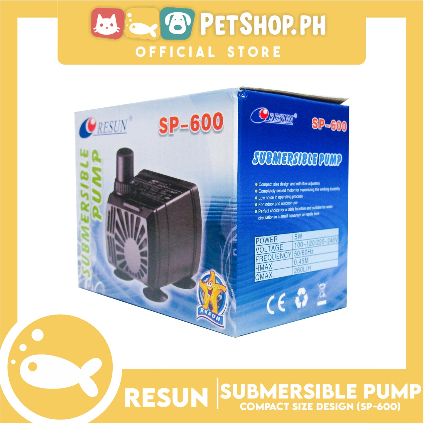 Resun Submersible Water Pump SP-600 for Fish Tank, Pond, Aquarium, Statuary, Hydroponics