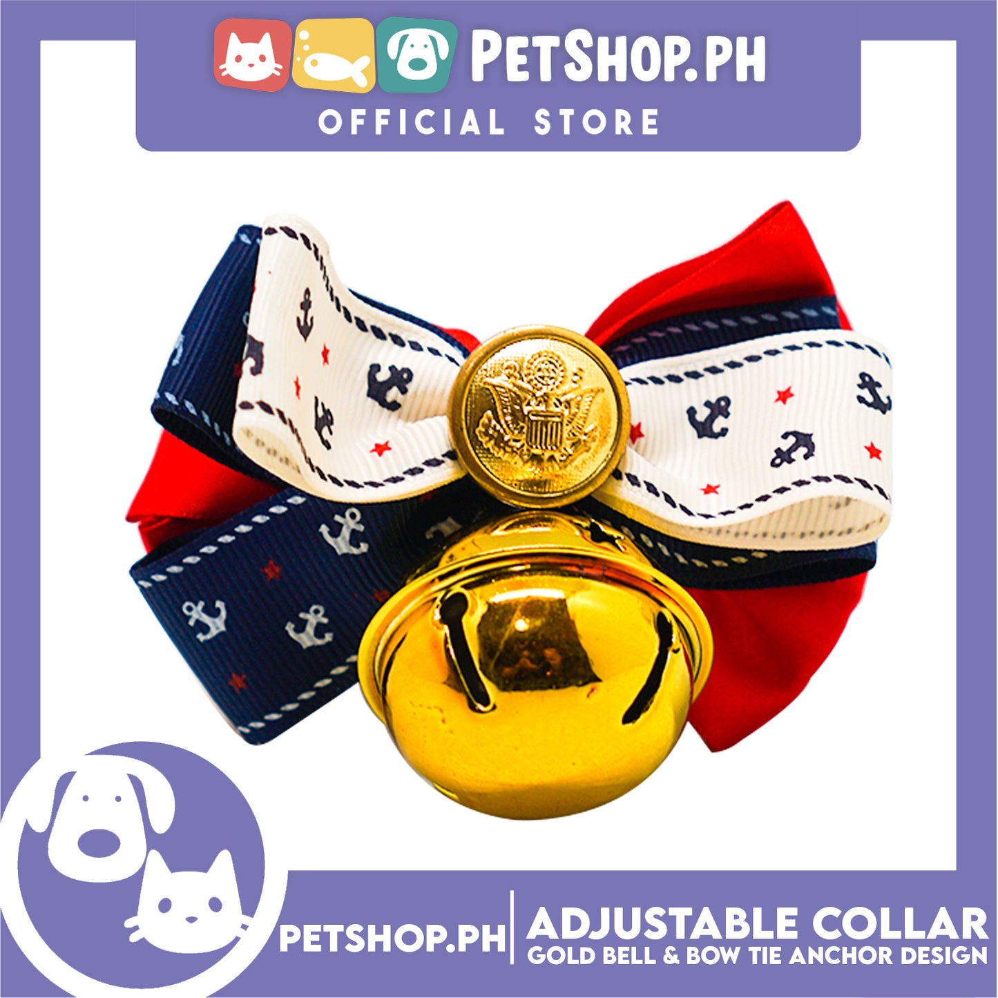 Pet Collar Adjustable with Gold Bell and Bow Tie Anchor Design, Leather Cat Collar, Necklace Bow Tie for Kitten and Puppies