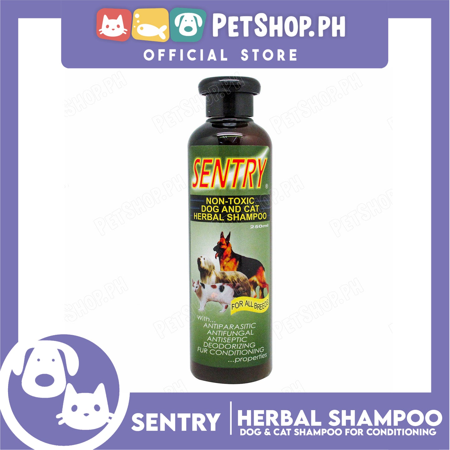 Sentry Non-Toxic Dog And Cat Herbal Shampoo 250ml Anti-Parasitic, Anti-Fungal, Anti-Septic, Deorizing Fur Conditioning For Dog And Cat Grooming