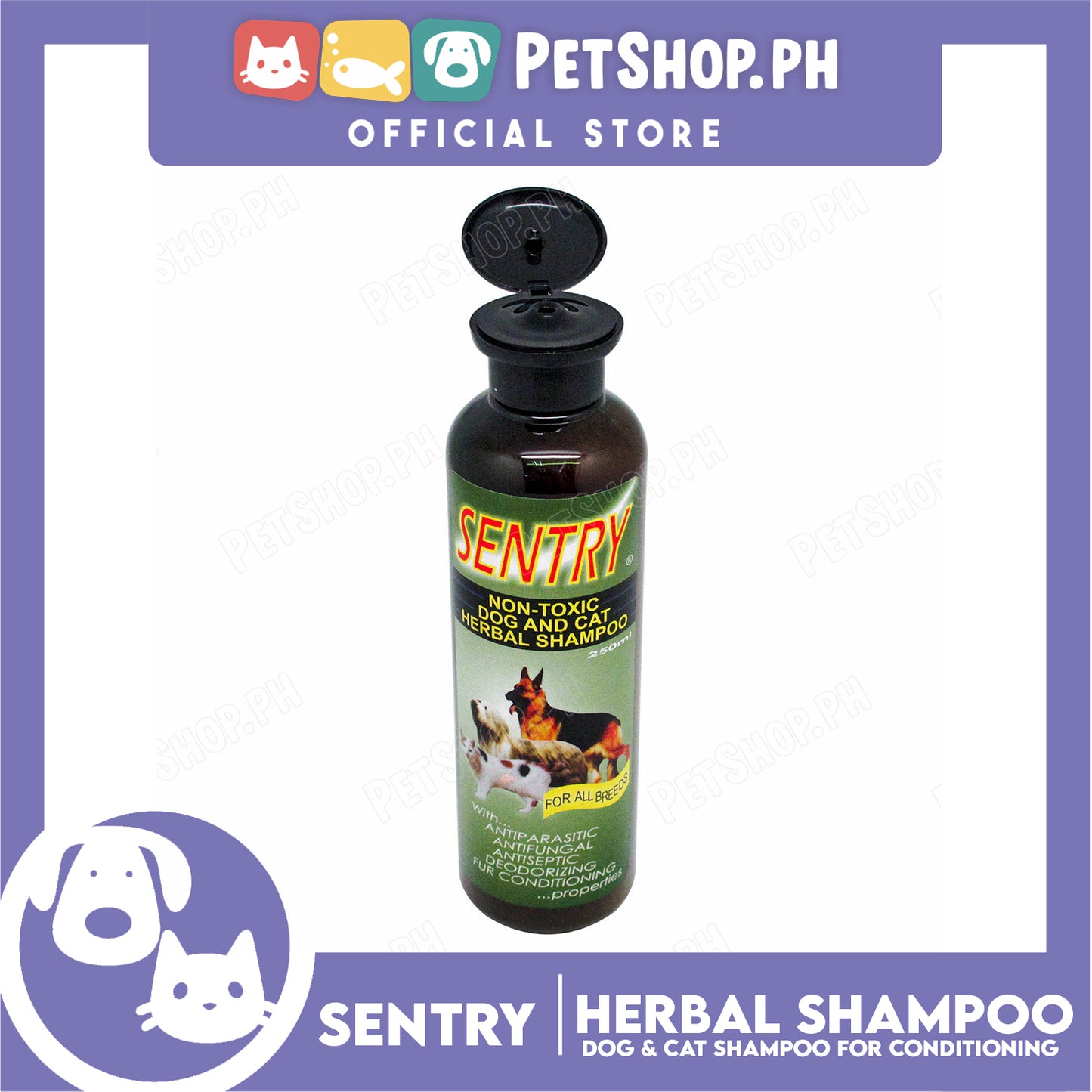 Sentry Non-Toxic Dog And Cat Herbal Shampoo 250ml Anti-Parasitic, Anti-Fungal, Anti-Septic, Deorizing Fur Conditioning For Dog And Cat Grooming