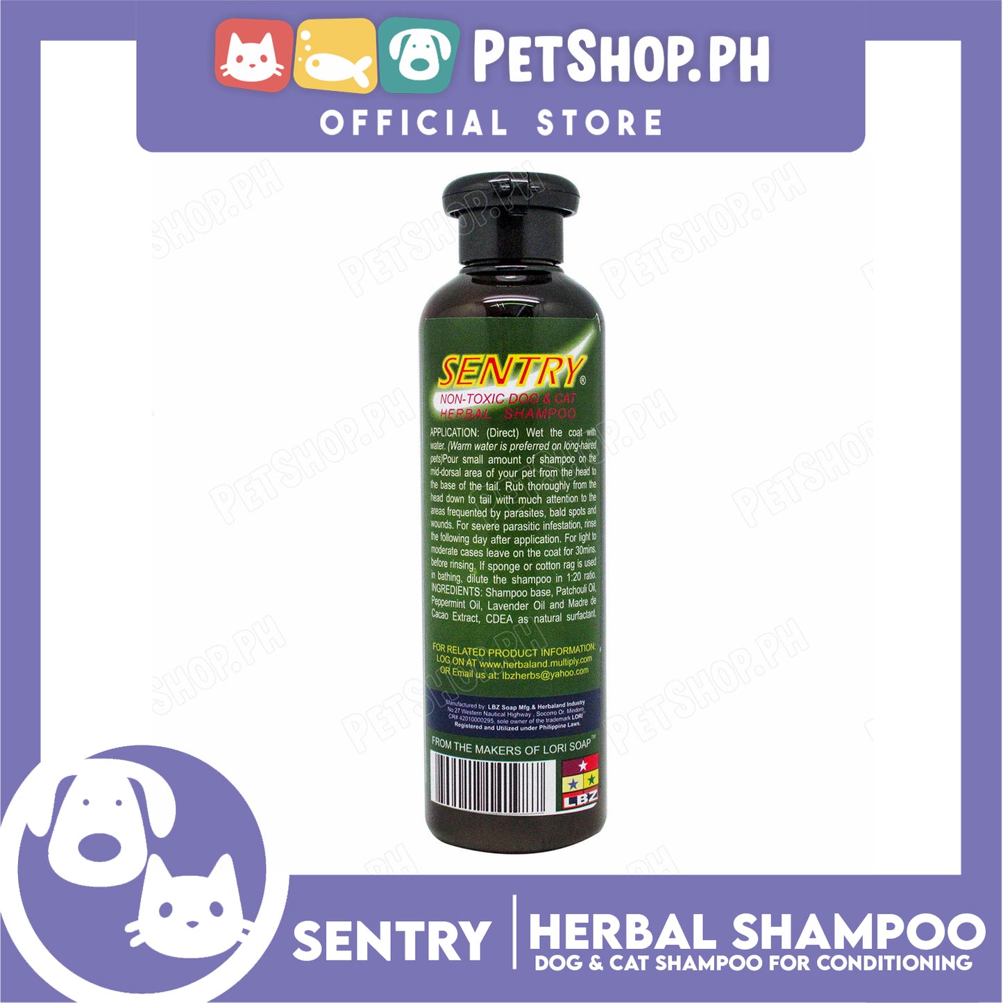 Sentry Non-Toxic Dog And Cat Herbal Shampoo 250ml Anti-Parasitic, Anti-Fungal, Anti-Septic, Deorizing Fur Conditioning For Dog And Cat Grooming
