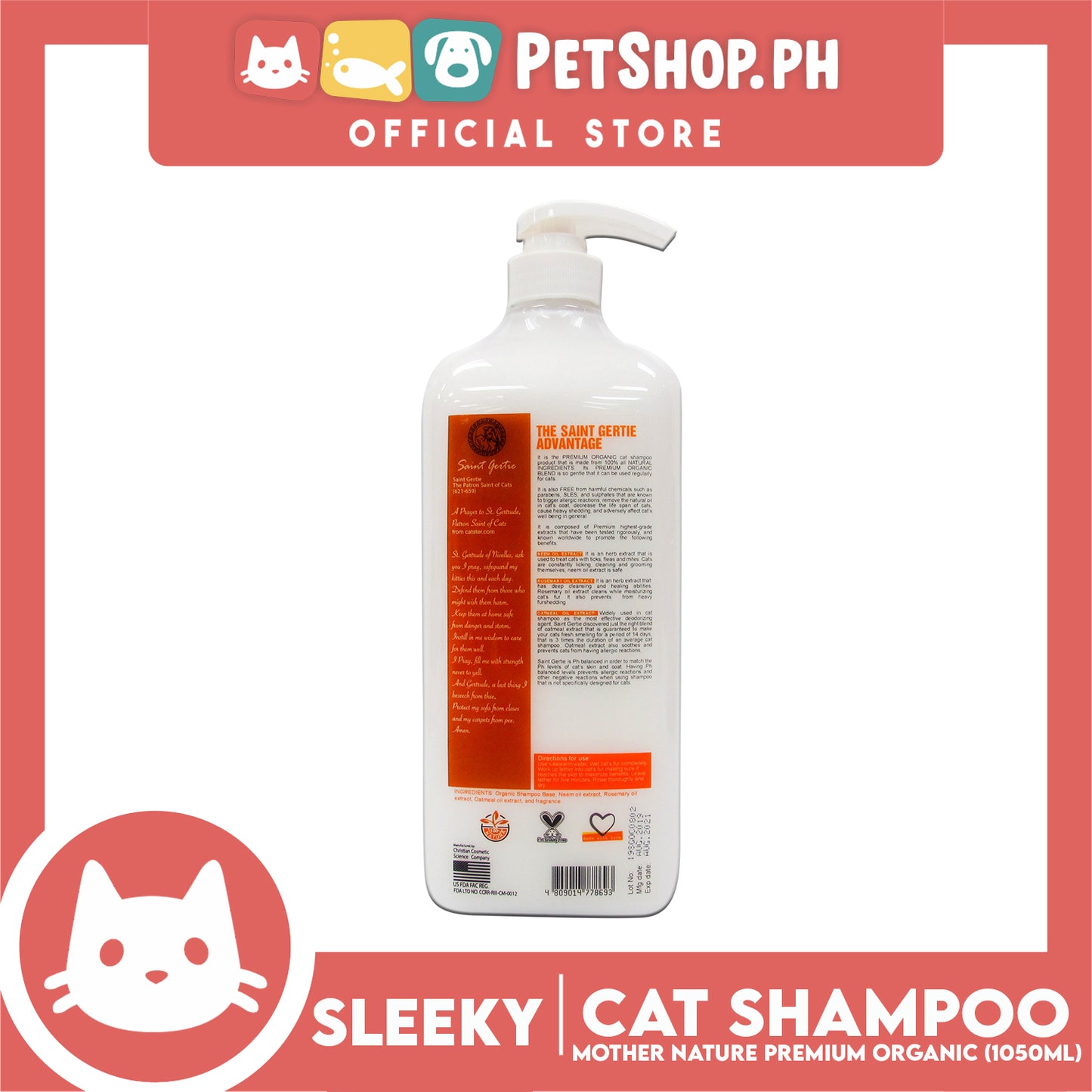 Saint Gertie Premium Organic Cat Shampoo Mother Nature 1050mL