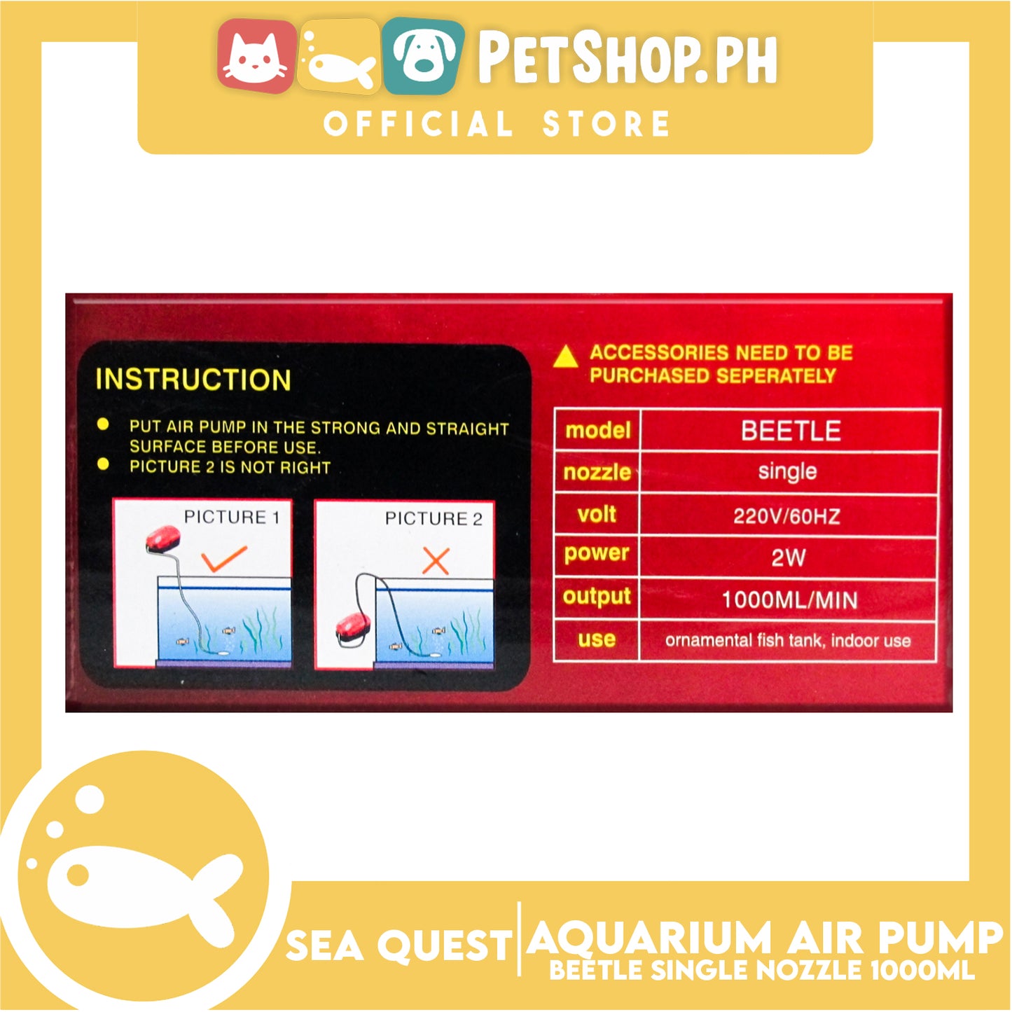 Sea Quest Beetle Aquarium Air Pump Single Nozzle (Red)