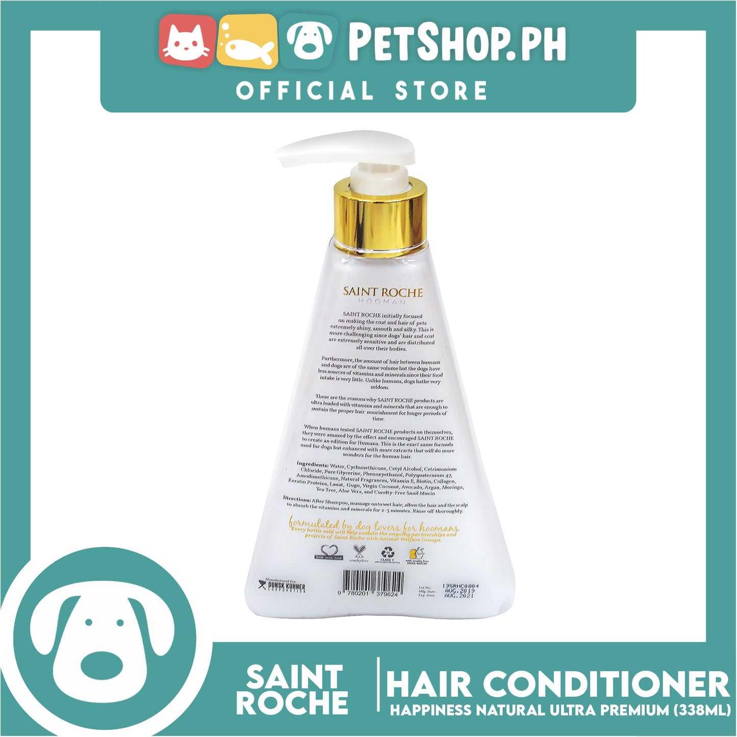 Saint Roche Hooman Natural Ultra Premium Conditioner (Happiness Scent) 338ml For The Skin and Coat of Your Dogs