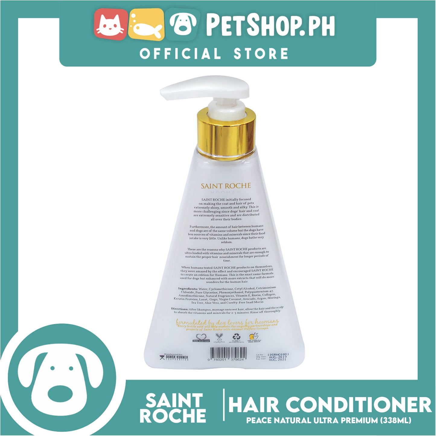 Saint Roche Hooman Natural Ultra Premium Conditioner (Peace Scent) 338ml For The Skin and Coat of Your Dogs
