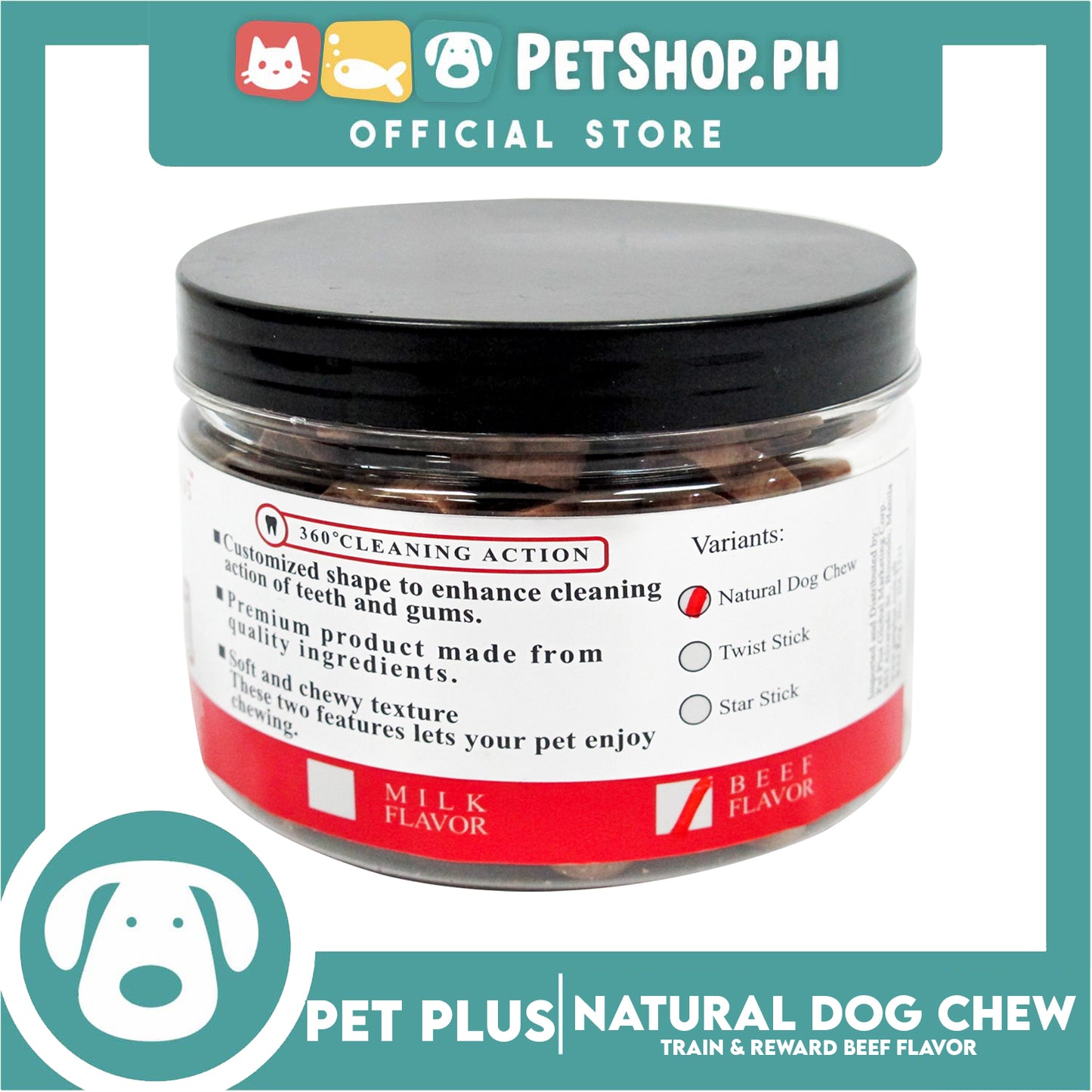 Pet Plus Train and Reward Dental Star Stick In a Jar (Natural Dog Chew Beef Flavor) 360 Brushing Action Designed for Dogs Reward Treats