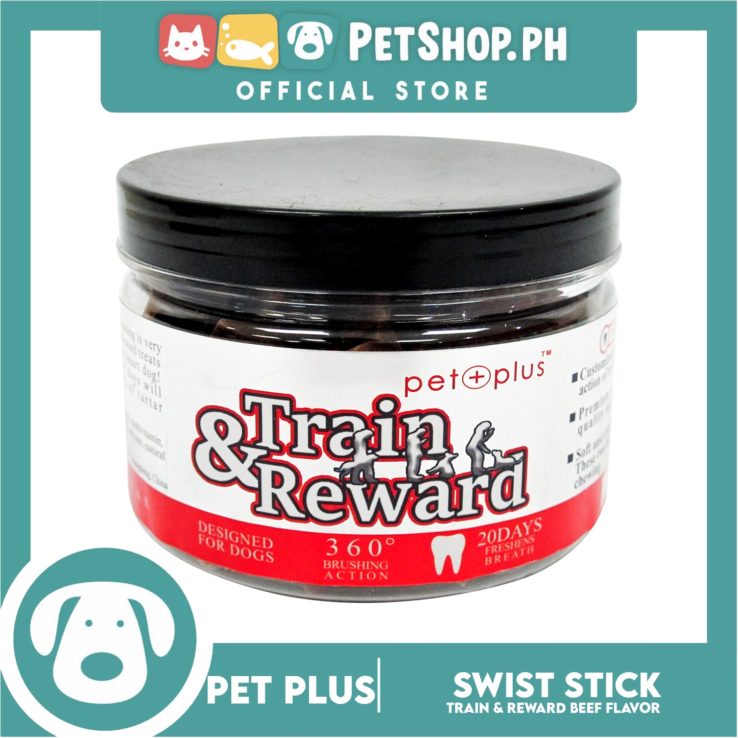 Pet Plus Train and Reward Dental Star Stick In a Jar (Twist Bone Beef Flavor) 360 Brushing Action Designed for Dogs Reward Treats