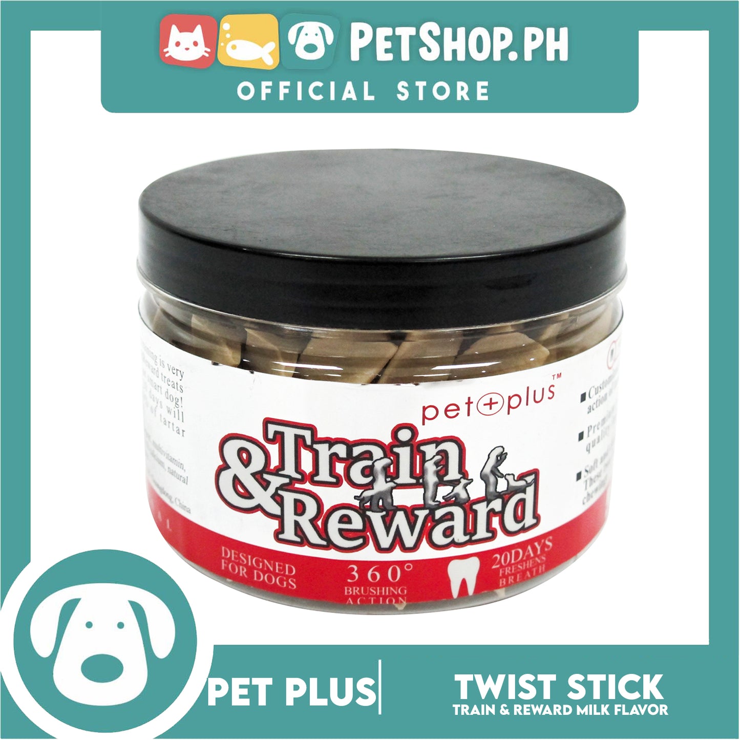 Pet Plus Train and Reward Dental Star Stick In a Jar (Twist Bone Milk Flavor) 360 Brushing Action Designed for Dogs Reward Treats