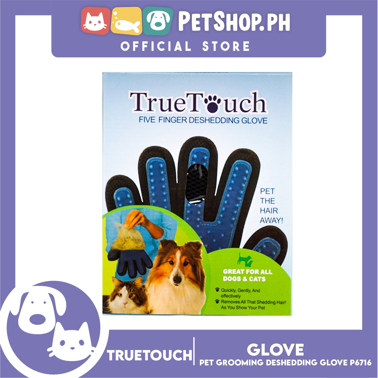 True Touch Pet Grooming Five Finger Deshedding Glove P6716 for Dogs & Cats