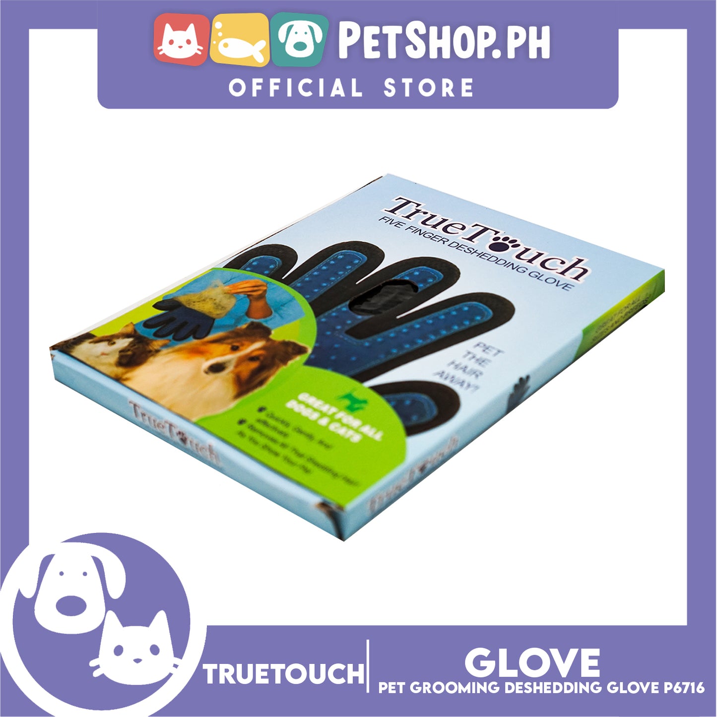 True Touch Pet Grooming Five Finger Deshedding Glove P6716 for Dogs & Cats