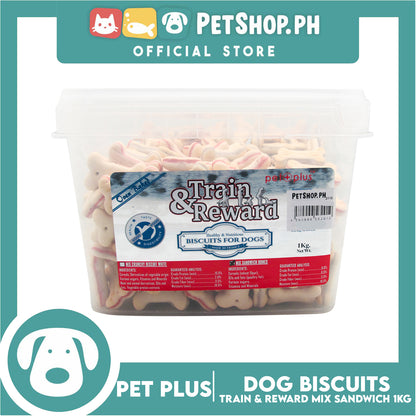 Pet Plus Train and Reward 1kg (Mix Sandwiches Bones Biscuits) Healthy and Nutritious Biscuits For Dogs