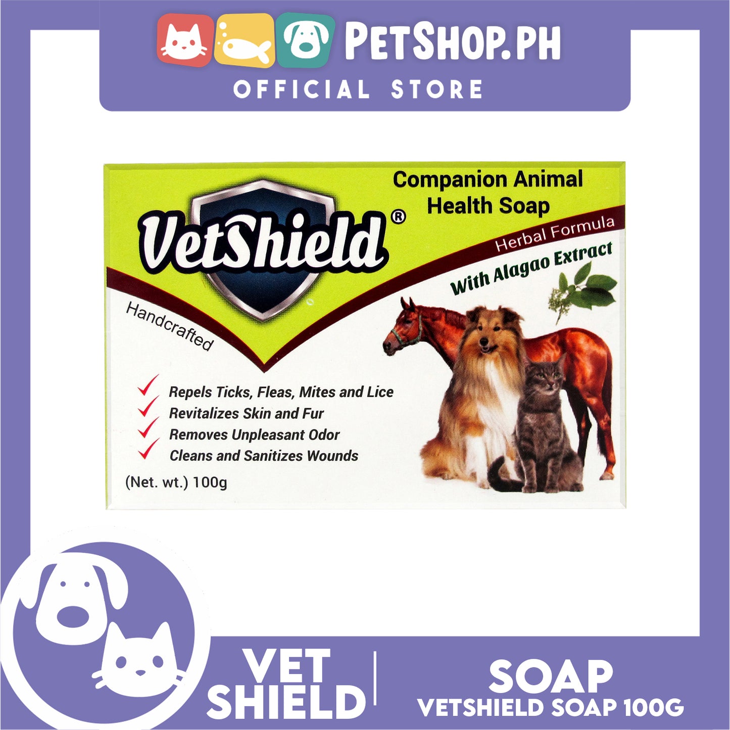 Vetshield Companion Animal Health Soap, Herbal Formula With Alaga Extract 100g Dog Soap