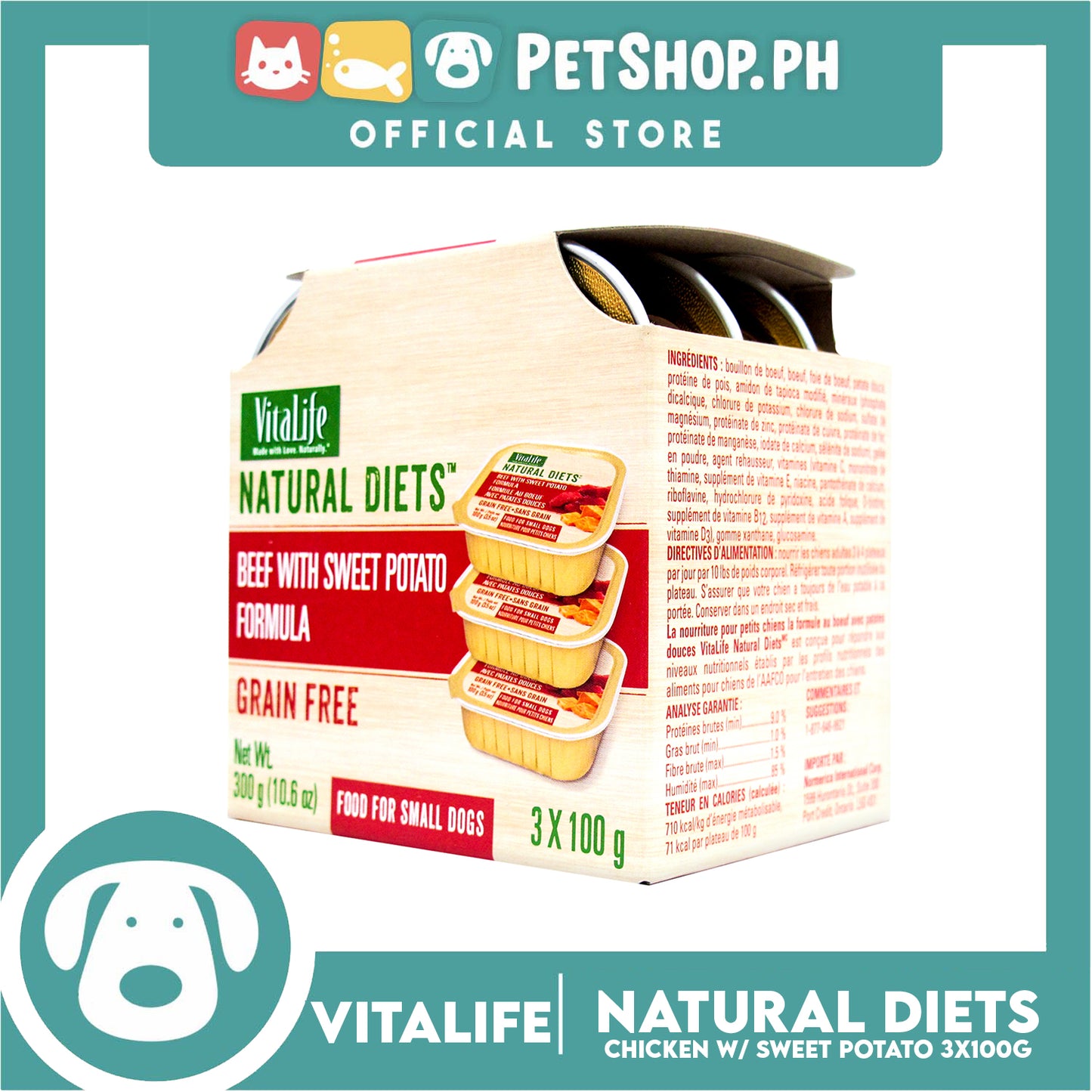 3pcs VitaLife Natural Diets, Grain Free 100g (Beef With Sweet Potato Formula) Dog Food for Small Dogs, Dog Wet Food