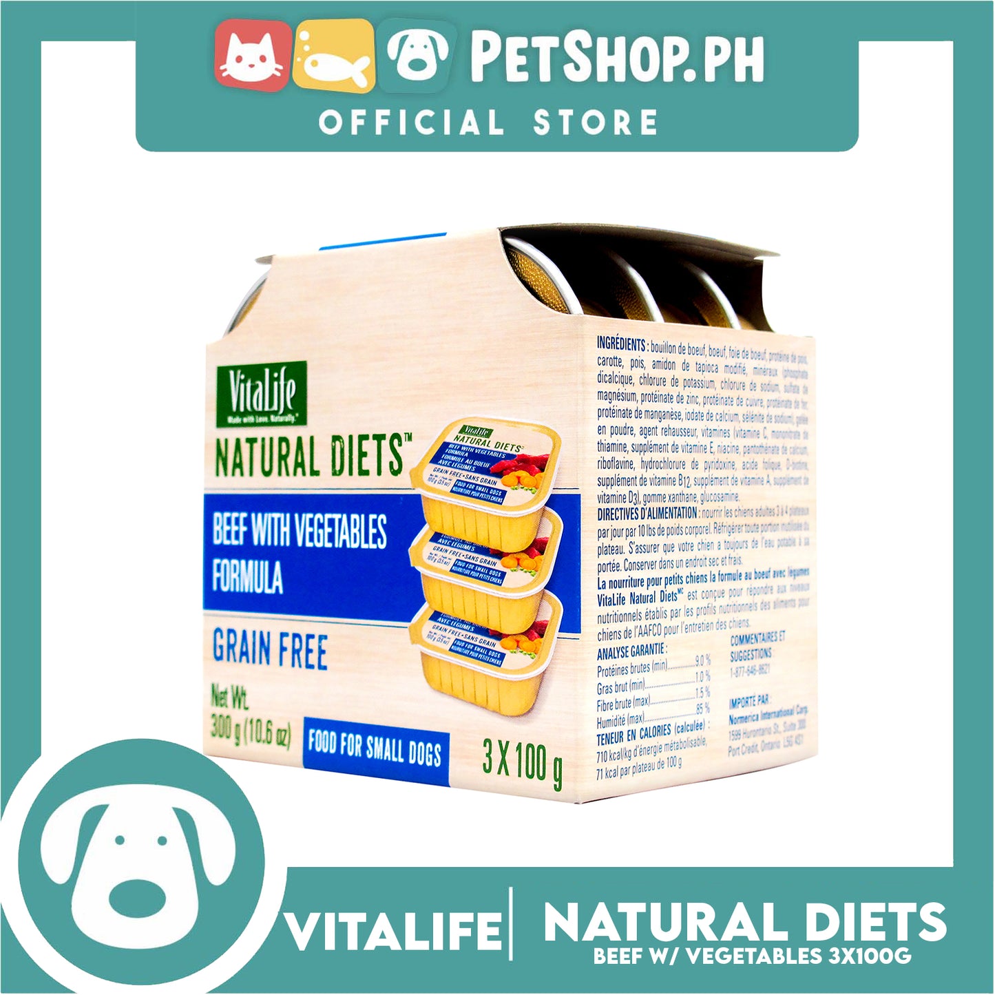 3pcs VitaLife Natural Diets, Grain Free 100g (Beef With Vegetables) Dog Food for Small Dogs, Dog Wet Food