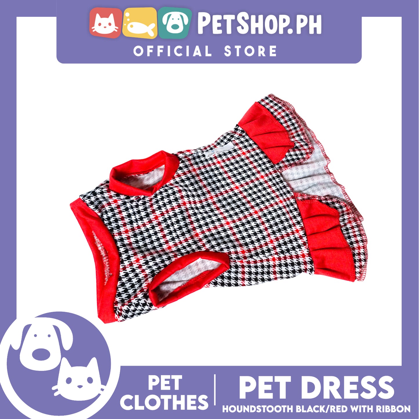 Pet Dress Houndstooth Black/Red with ribbon (Extra Large) Pet Dress Clothes Perfect for Dogs