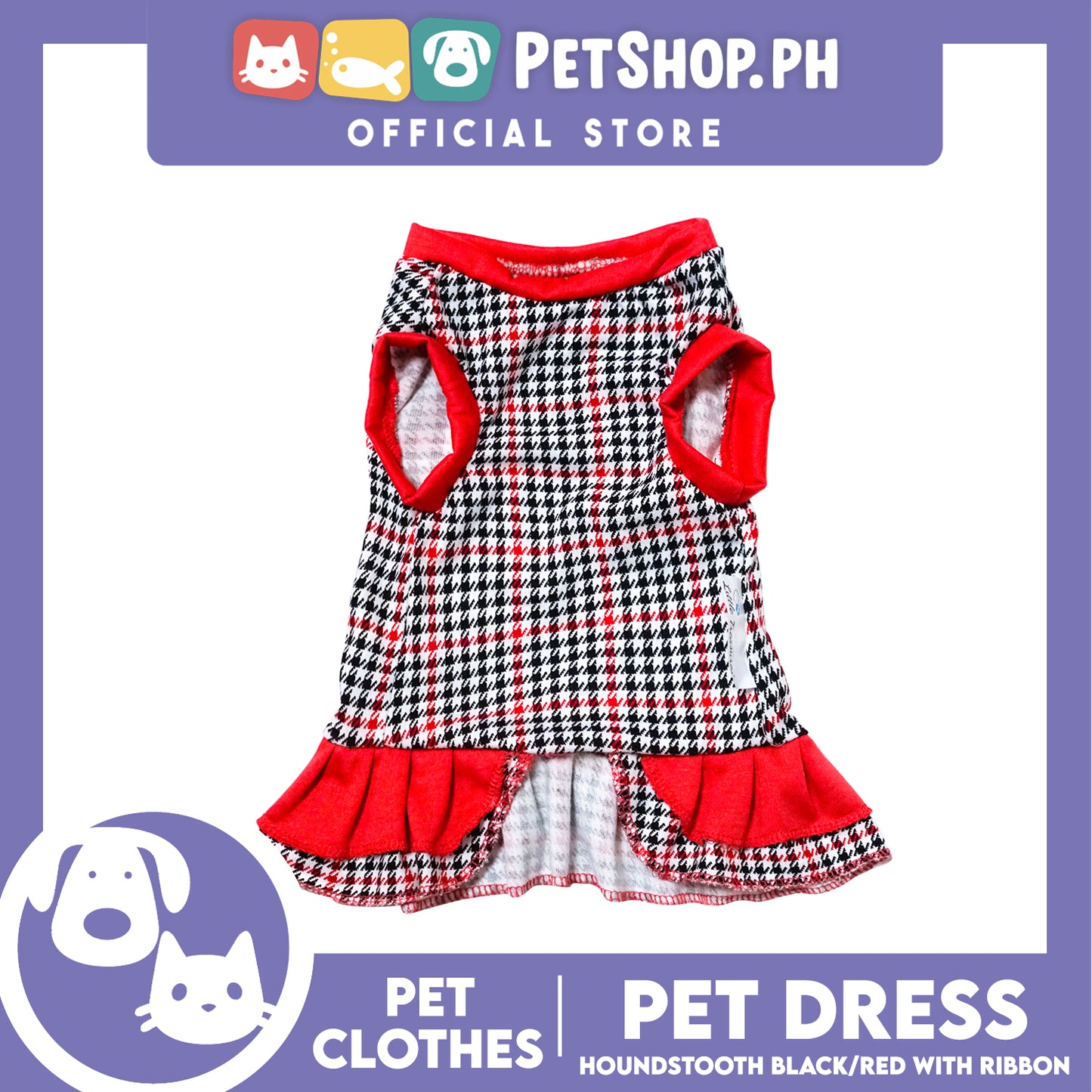 Pet Dress Houndstooth Black/Red with ribbon (Large) Pet Dress Clothes Perfect for Dogs