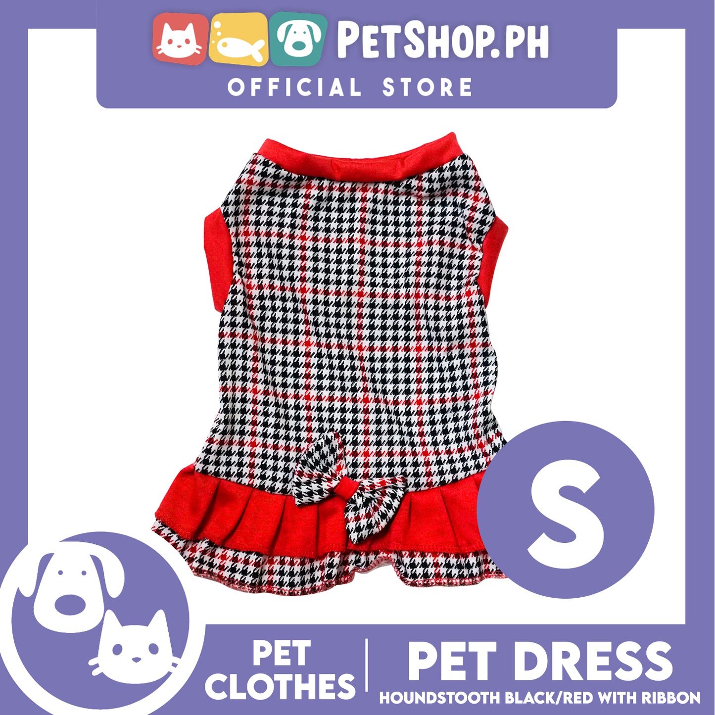 Pet Dress Houndstooth Black/Red with ribbon (Small) Pet Dress Clothes Perfect for Dogs