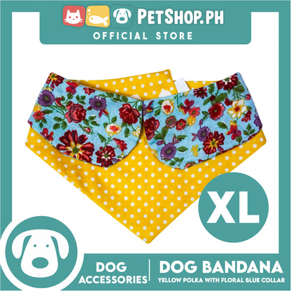 Dog Bandana Yellow Polka with Floral Blue Collar Design (Extra Large) Washable Scarf