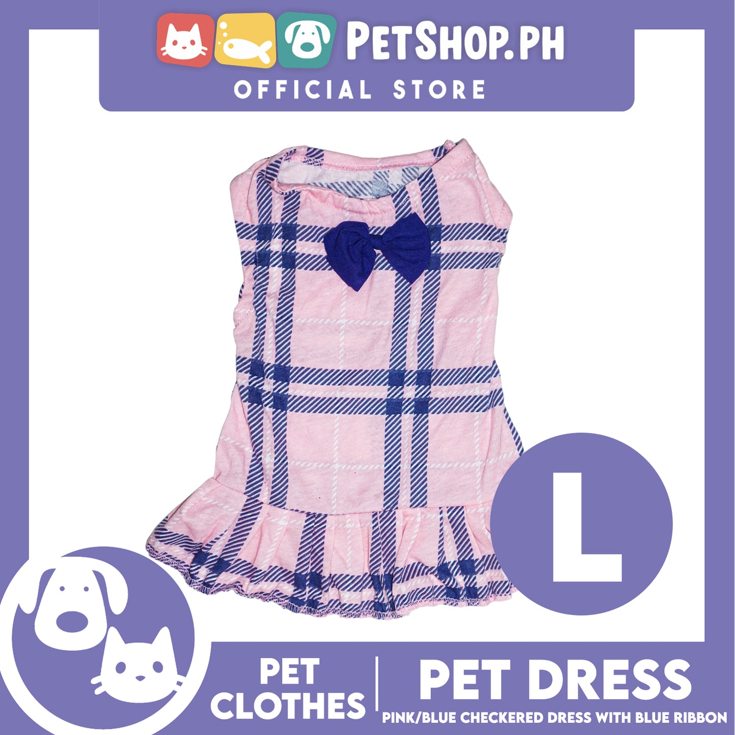 Pet Dress Pink/Blue Checkered Dress with Blue Ribbon (Large) Perfect Fit for Dogs and Cats