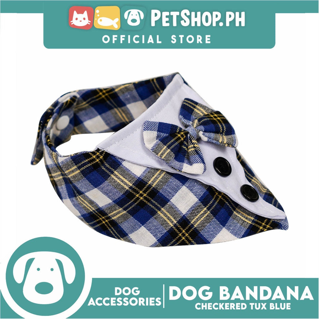 Dog Pet Bandana Blue Checkered Tuxedo Design Washable Scarf (Medium)