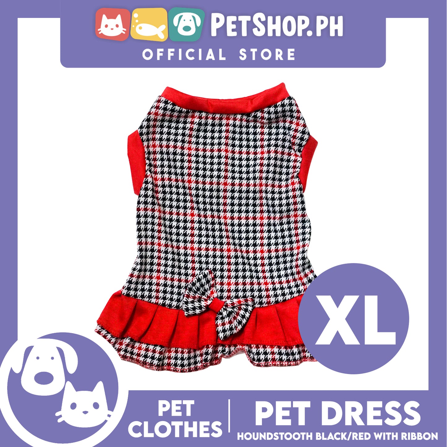 Pet Dress Houndstooth Black/Red with ribbon (Extra Large) Pet Dress Clothes Perfect for Dogs