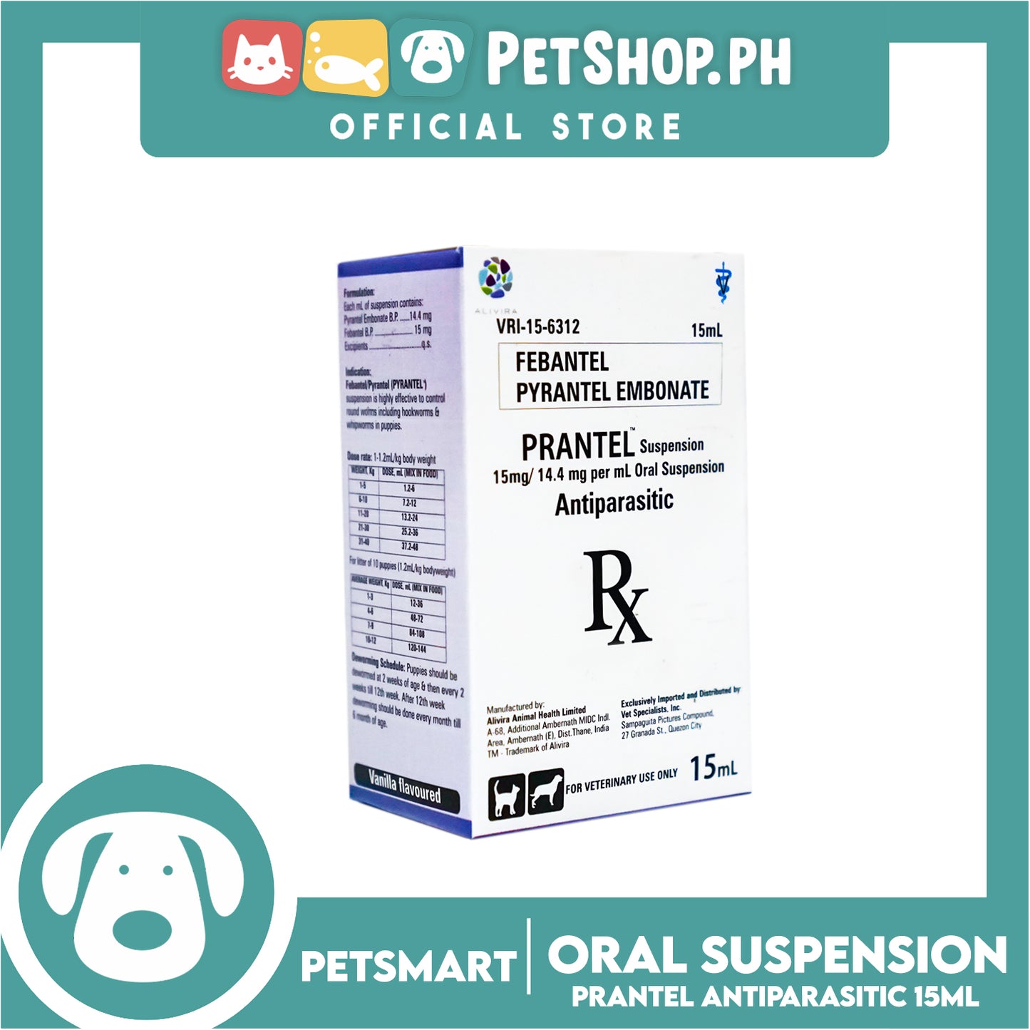 Prantel Oral Suspension Broad Spectrum Dewormer 15ml Antiparasitic, For Veterinary Use Only