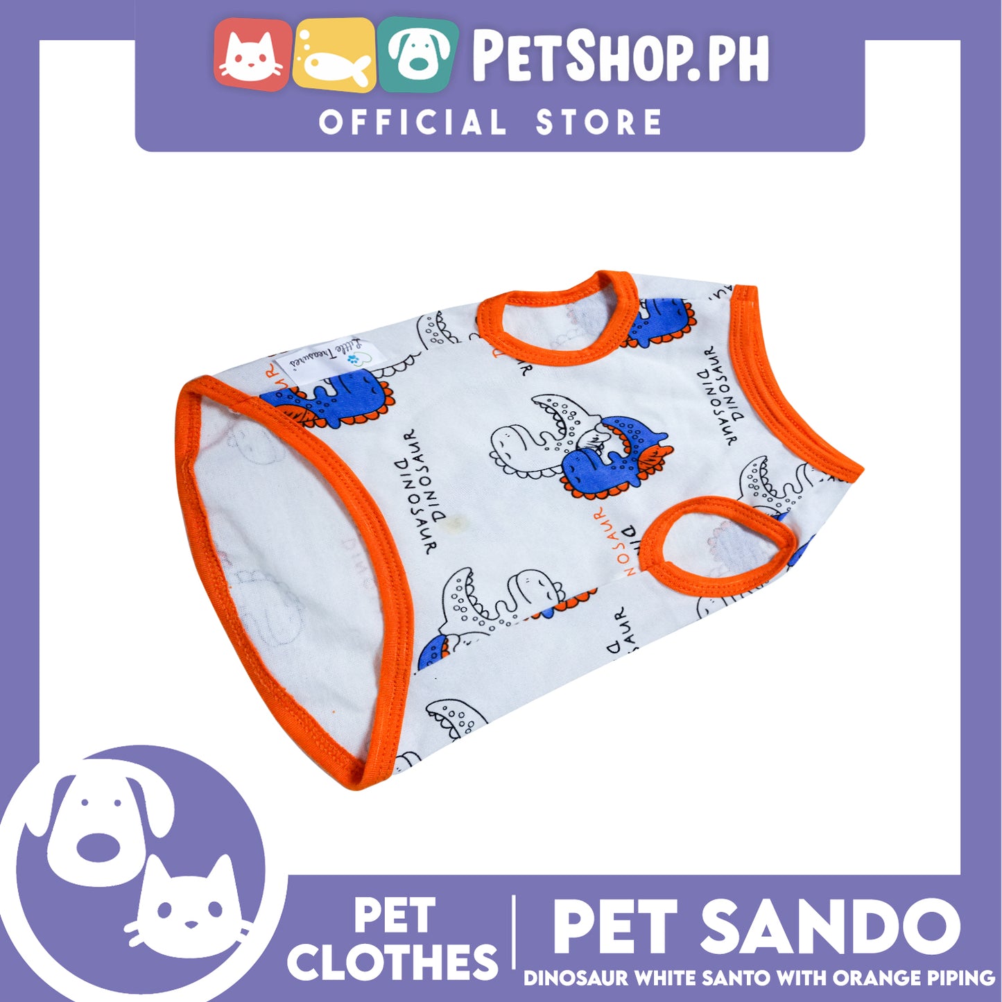 Pet Sando Dinosaur White with Orange Piping Sando (Large) Perfect Fit for Dogs and Cats