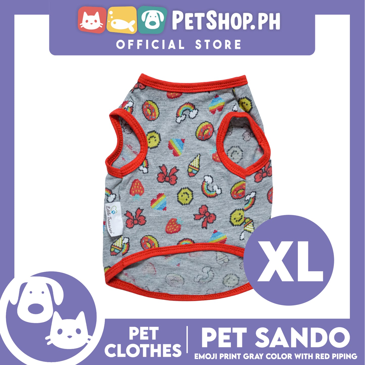 Pet Sando Emoji Print Gray Sando with Red Piping (Extra Large) Perfect Fit for Dogs and Cats