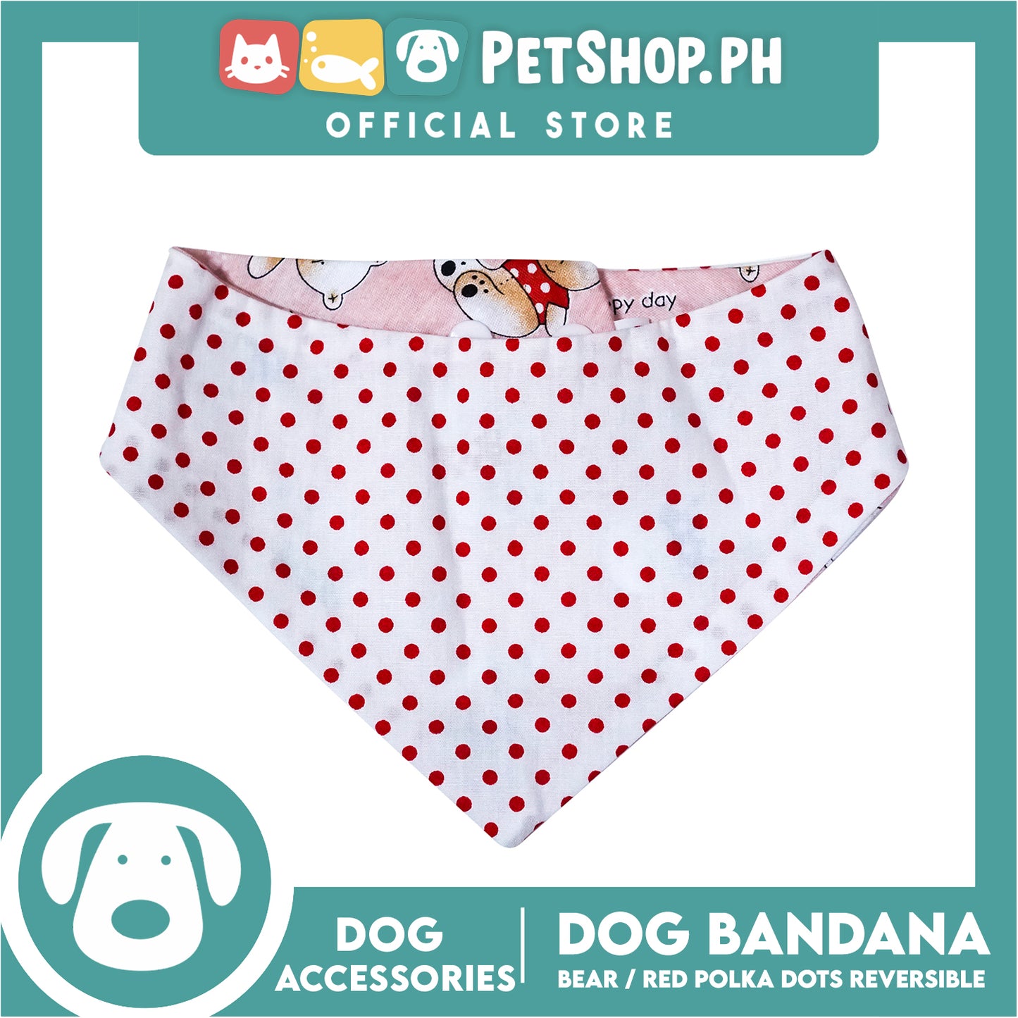Dog Bandana Bear with Red Polka Dots Design Reversible (Small) Washable Scarf