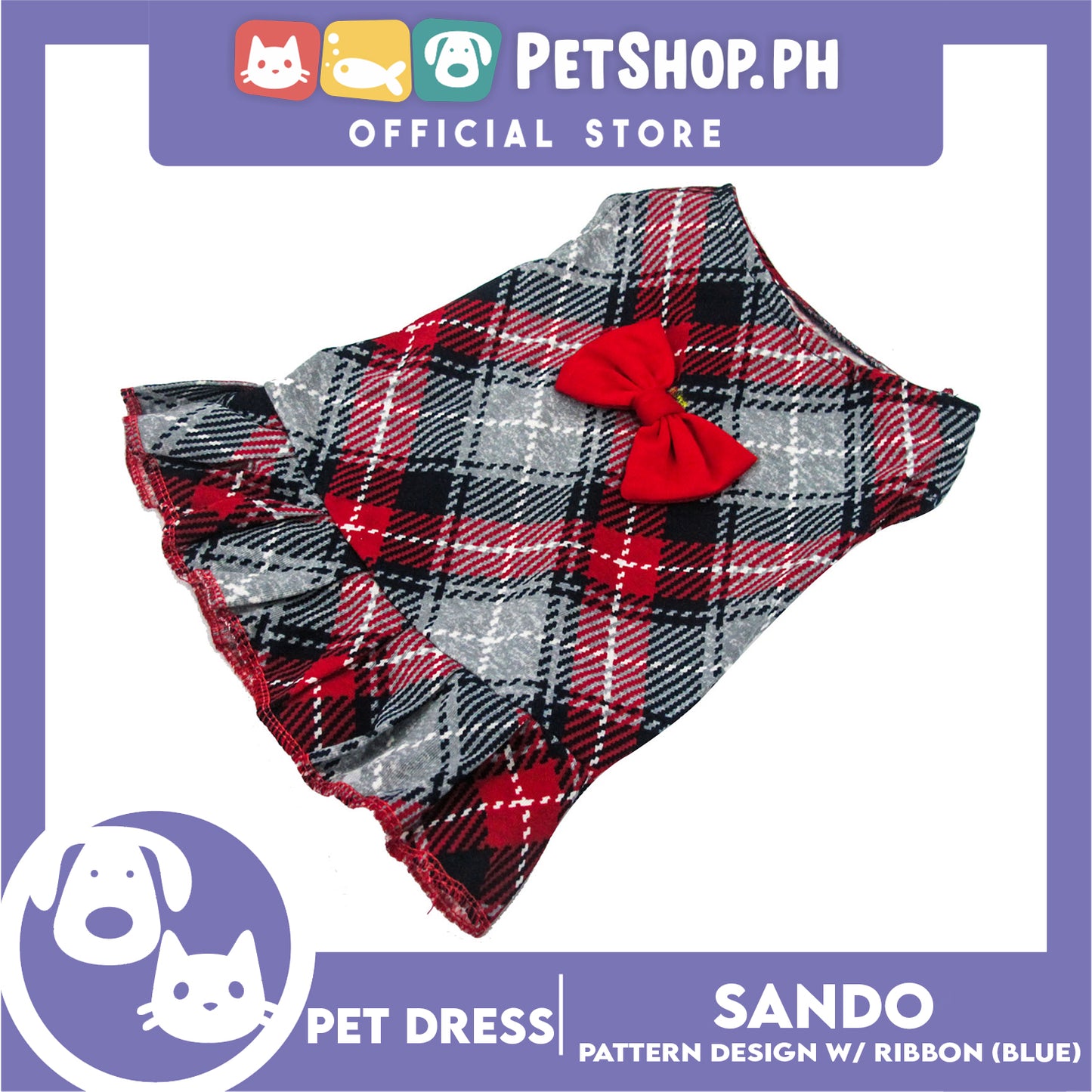 Pet Dress Summer Blue Checkered Skirt with Red Ribbon (Large) for Small Dog and Cat- Cute Pet Clothes