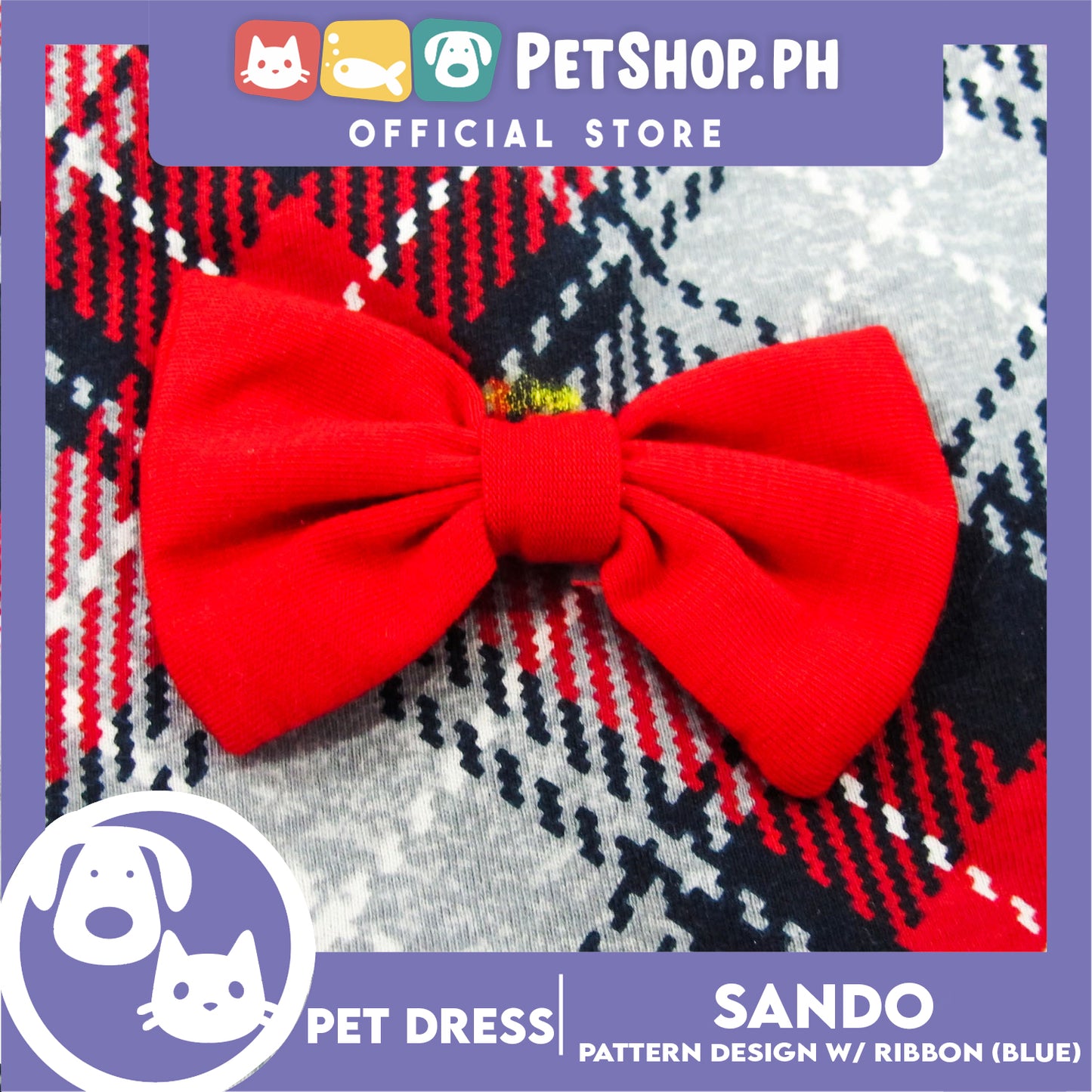Pet Dress Summer Blue Checkered Skirt with Red Ribbon for Small Dog and Cat
