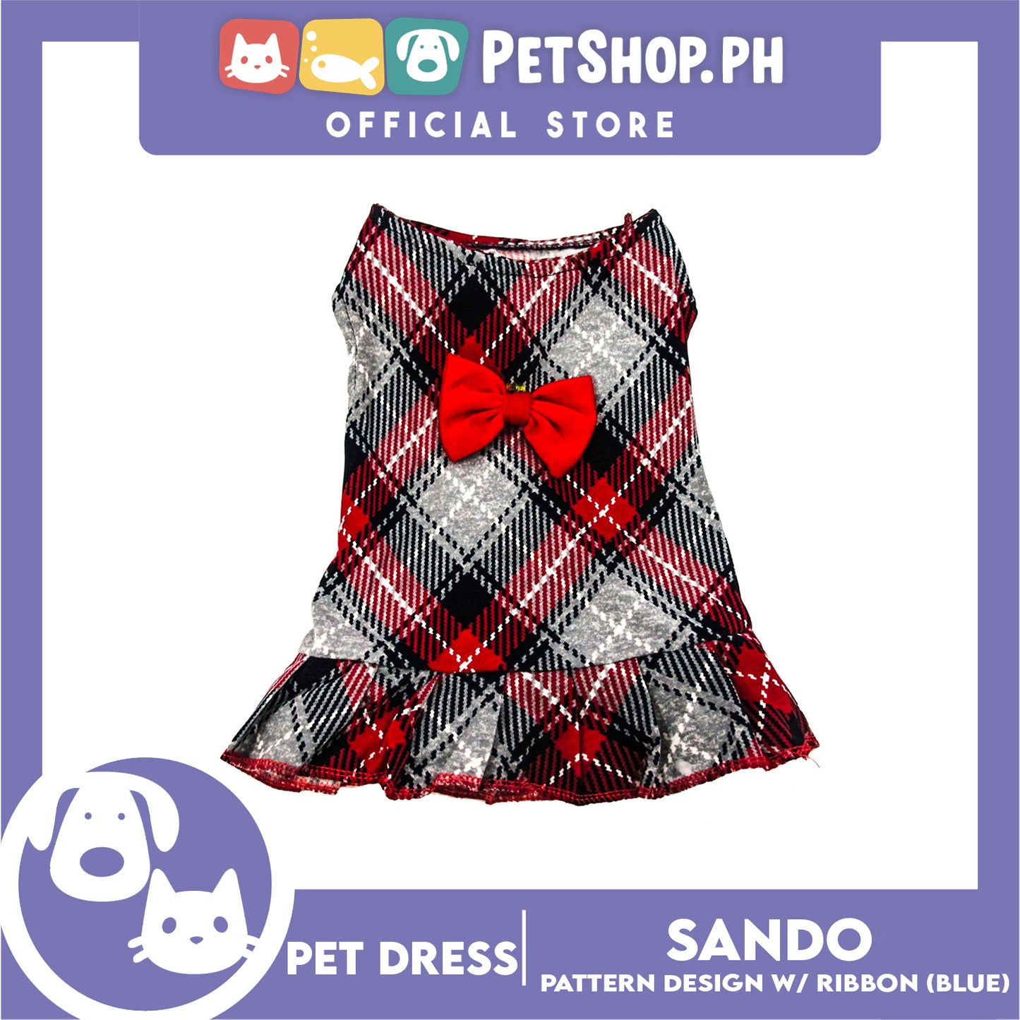 Pet Dress Summer Blue Checkered Skirt with Red Ribbon for Small Dog and Cat