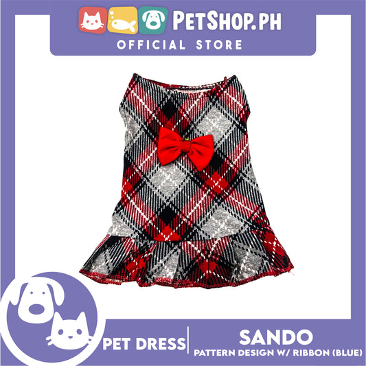 Pet Dress Summer Blue Checkered Skirt with Red Ribbon for Small Dog and Cat