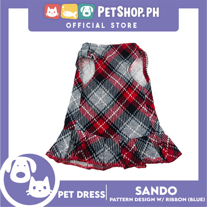 Pet Dress Summer Blue Checkered Skirt with Red Ribbon for Small Dog and Cat