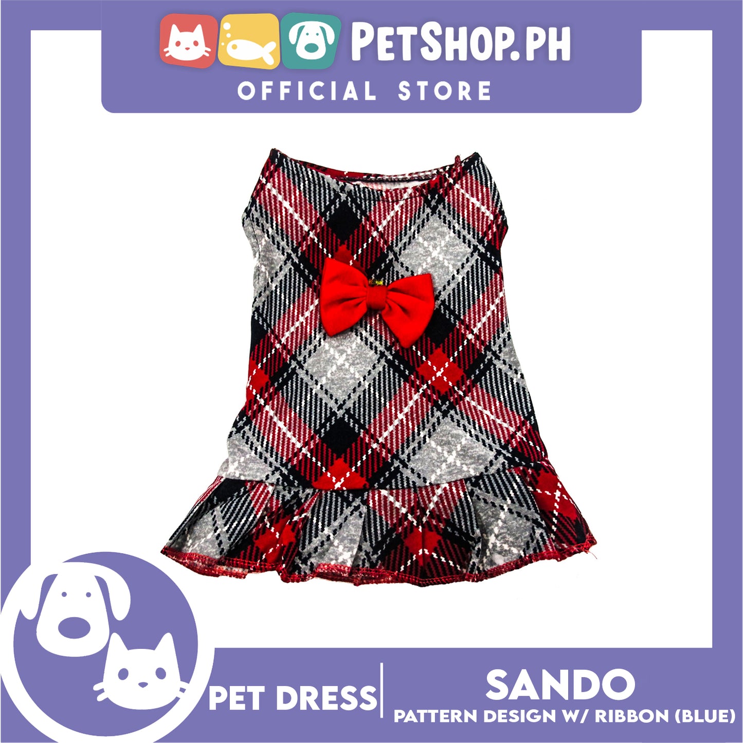 Pet Dress Summer Blue Checkered Skirt with Red Ribbon (Extra Large) for Small Dog and Cat