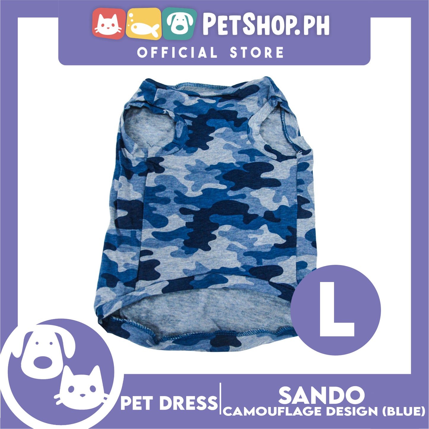 Pet Shirt Camouflage Design Sleeveless Blue (Large) for Puppy, Small Dog and Cat- Sando Breathable Clothes, Pet T-shirt