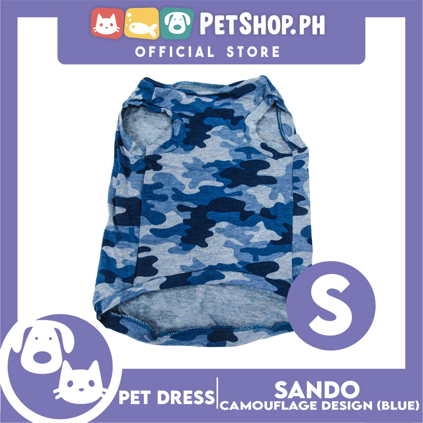 Pet Shirt Camouflage Design Sleeveless Blue (Small) for Puppy, Small Dogs and Cats- Sando Breathable Clothes, Pet T-shirt