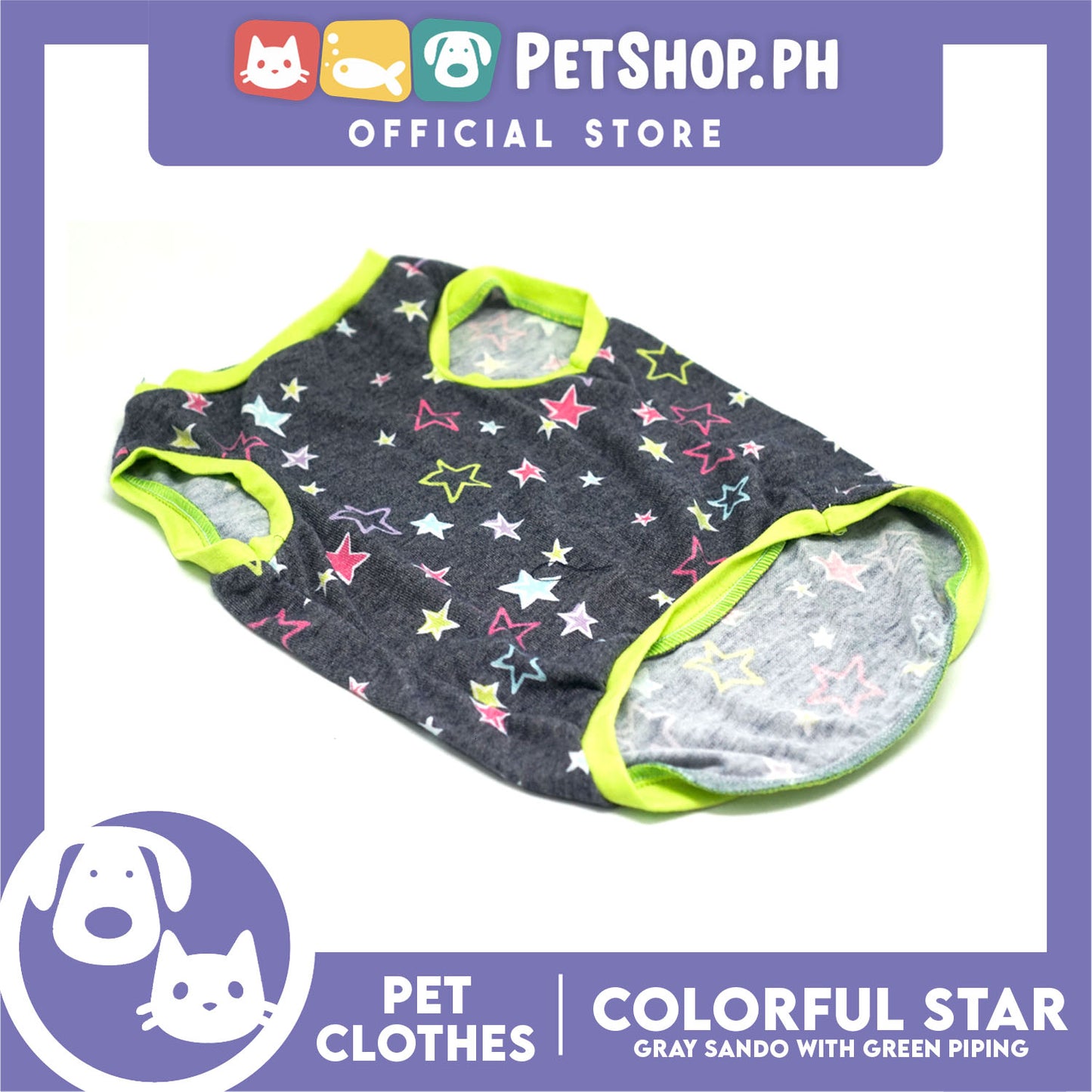 Pet Shirt Gray Sando with Colorful Stars (Large) Perfect Fit for Dogs and Cats