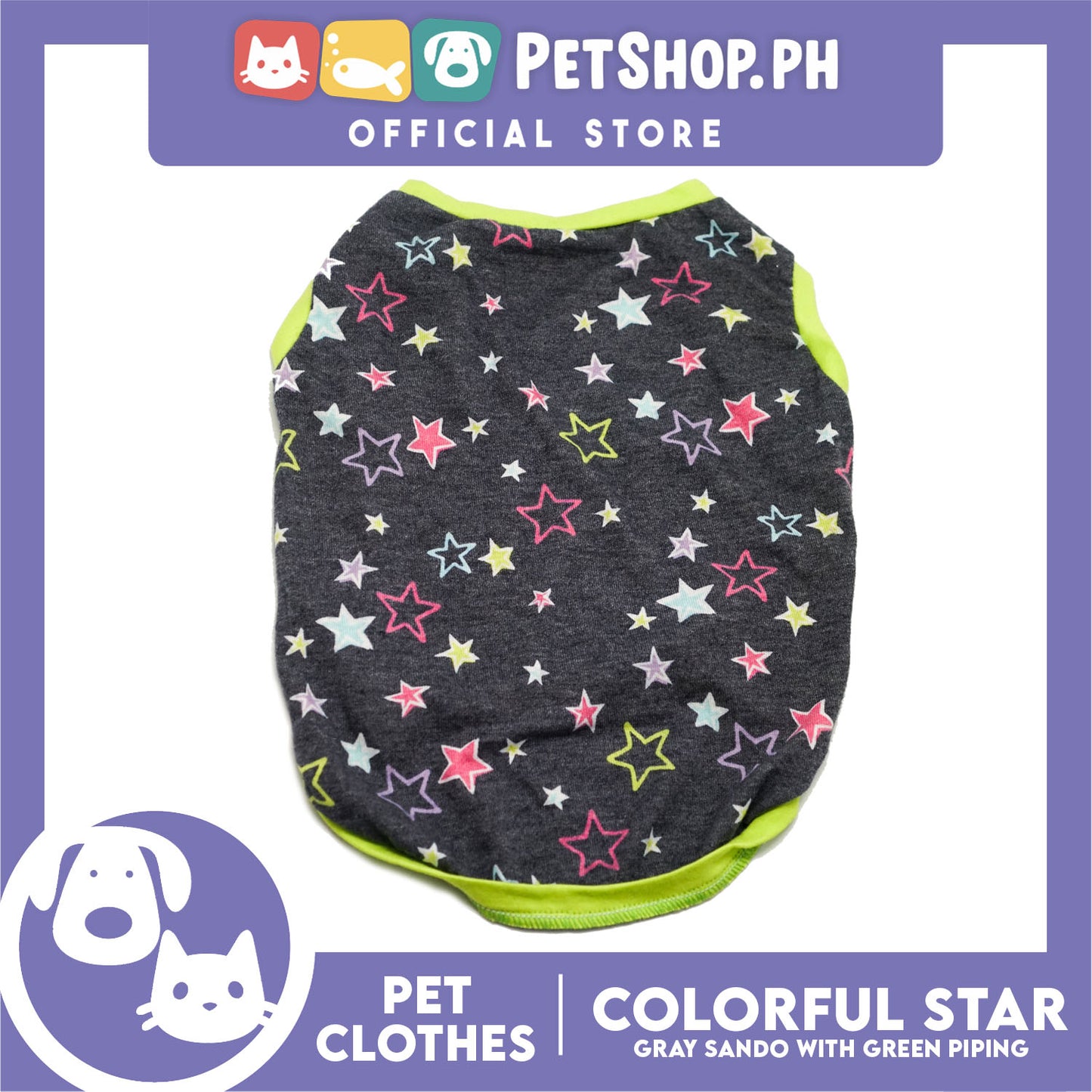 Pet Shirt Gray Sando with Colorful Stars (Large) Perfect Fit for Dogs and Cats