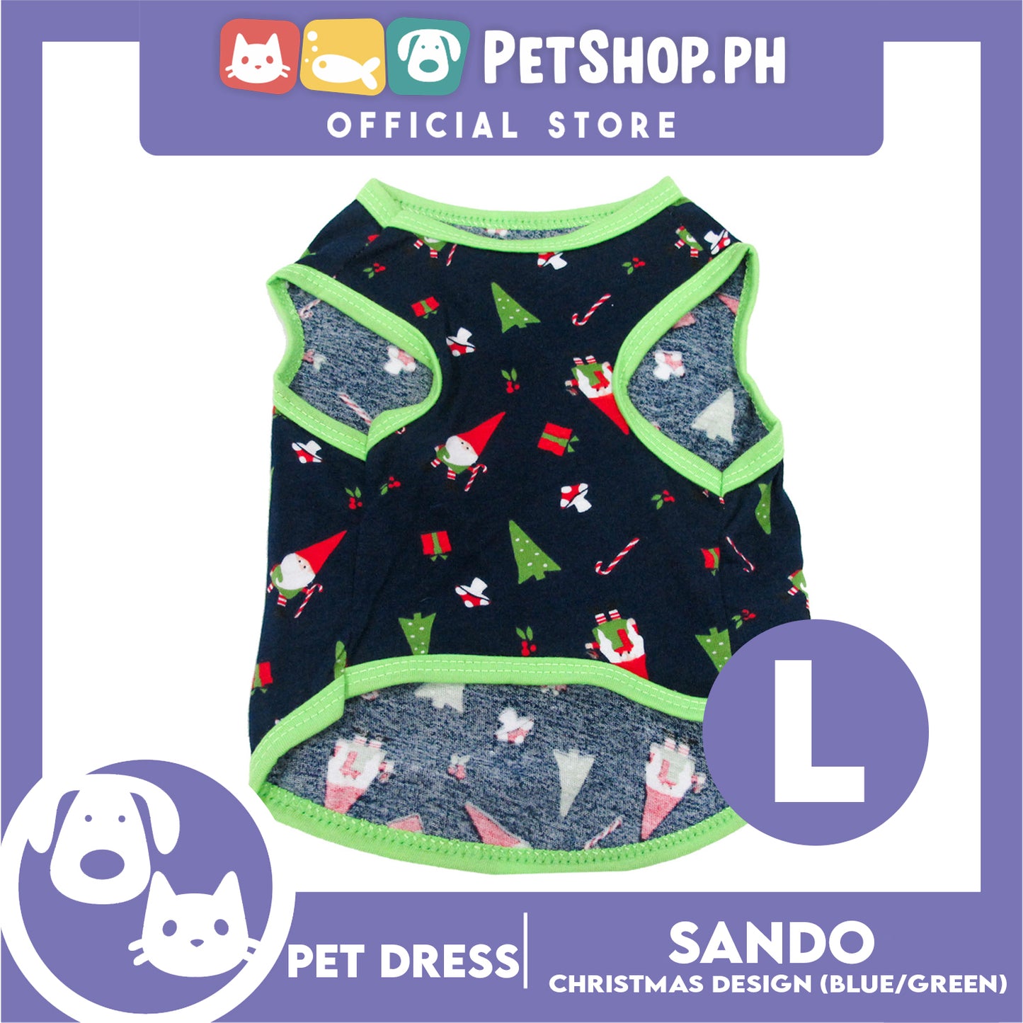 Pet Shirt Christmas Design with Green Piping Sleeveless (Large) for Puppy, Small Dog & Cats- Sando Breathable Clothes, Pet T-shirt, Sweatshirt