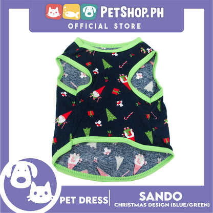 Pet Shirt Christmas Design with Green Piping Sleeveless (Medium) for Puppy, Small Dog & Cats- Sando Breathable Clothes, Pet T-shirt, Sweatshirt