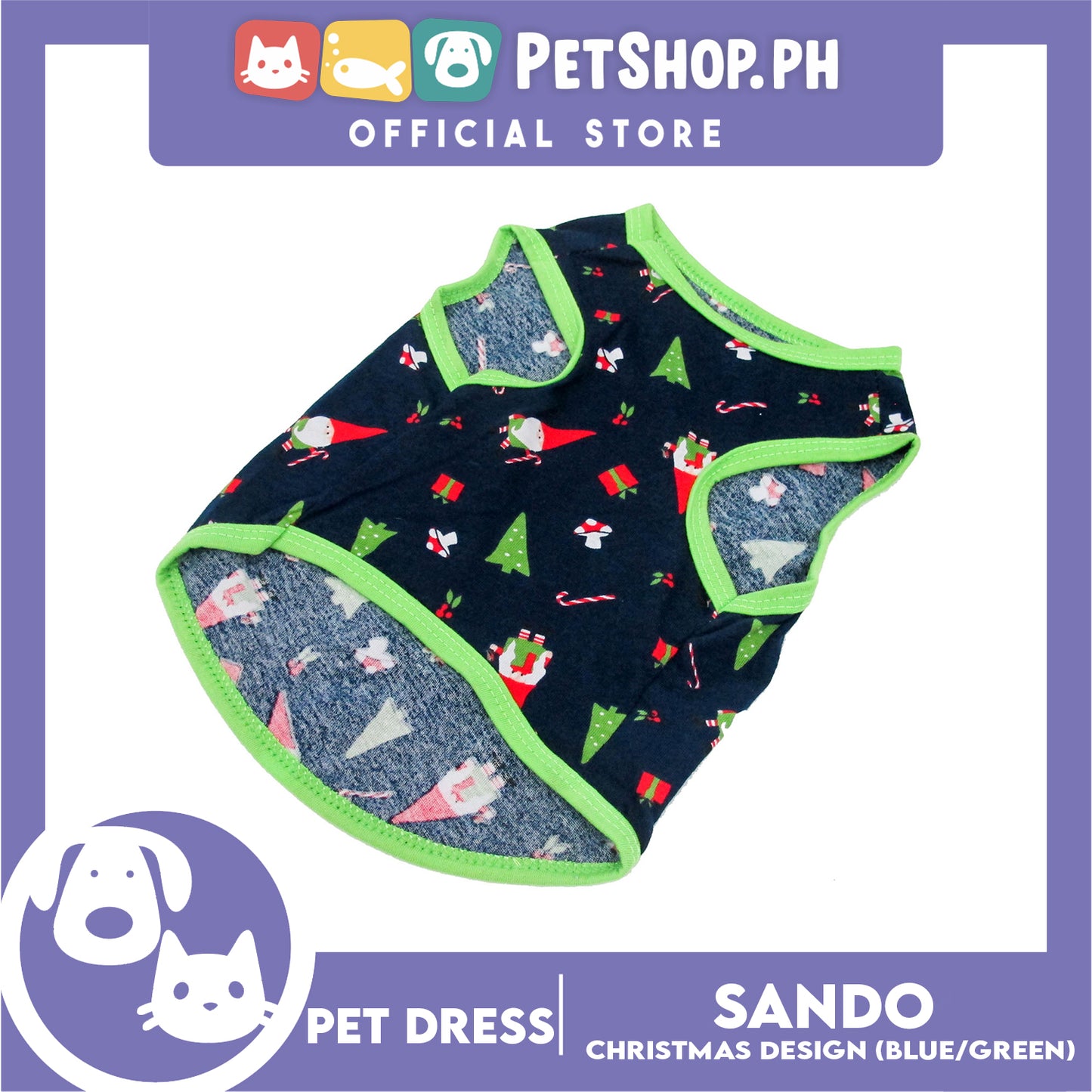Pet Shirt Blue Christmas Design with Green Piping Sleeveless for Puppy, Small Dog and cats (Small)