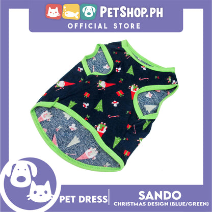 Pet Shirt Blue Christmas Design with Green Piping (Extra Large) Sleeveless for Puppy Small Dog & Cat
