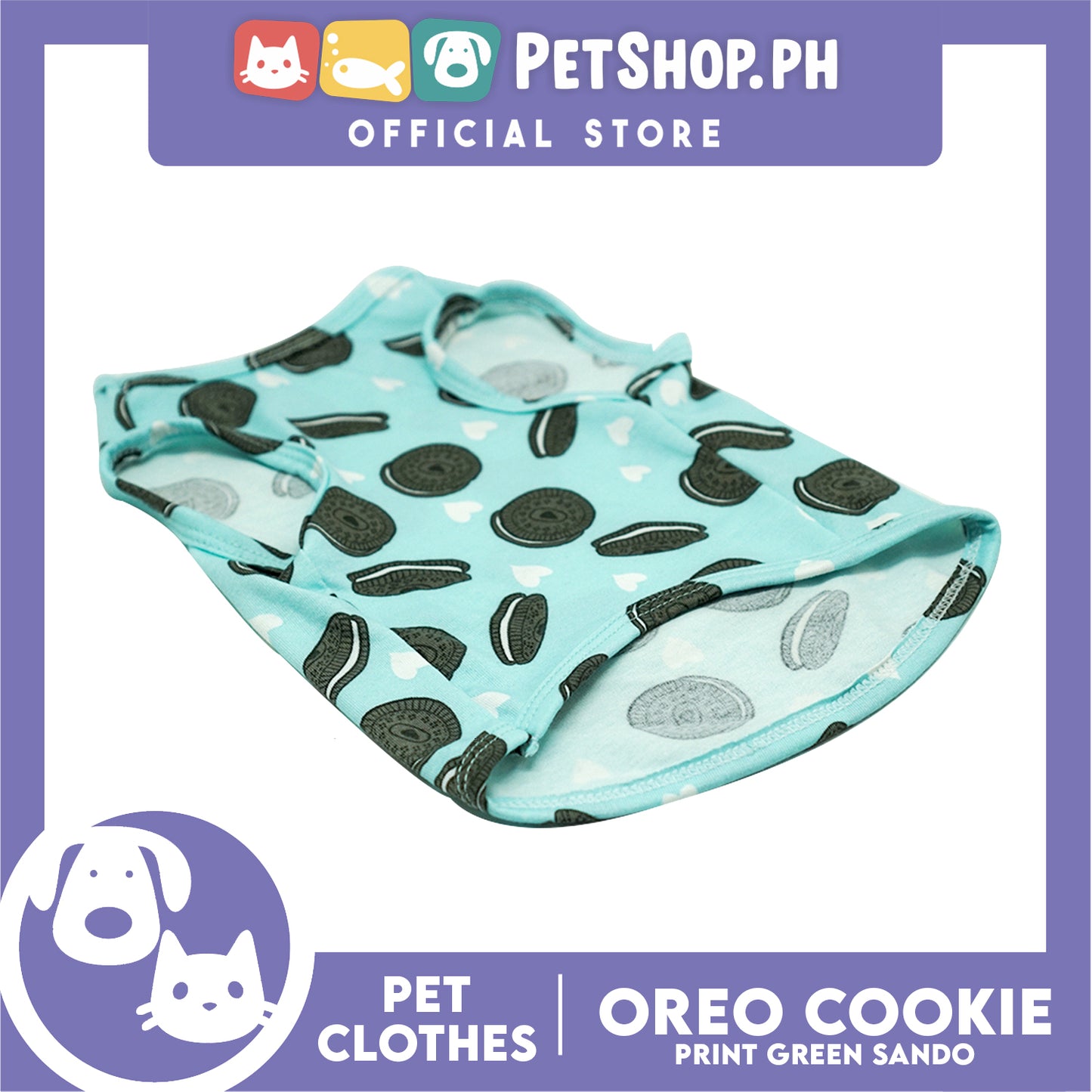 Pet Sando (Small) Cookie Print Design Mint Green Sando Pet Shirt for Puppy, Small Dog and Cats - Sando Breathable Clothes, Pet T-shirt, Sweat Shirt